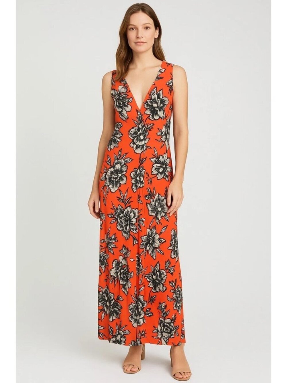 Tommy Bahama Dress Coral Floral Sleeveless Maxi Column Jersey Knit Size Large